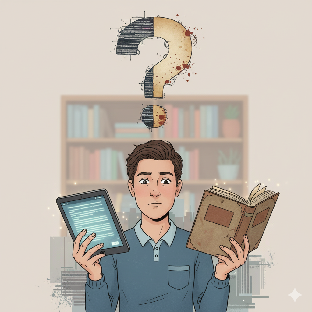 Digital books vs physical books debate illustrated with a reader holding a tablet and a paperback