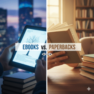 llustration of Ebooks vs Paperbacks showing a Kindle e-reader and a classic paperback side by side