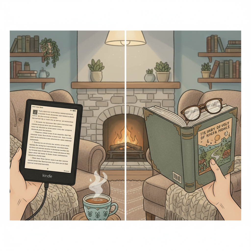 Ebooks vs Paperbacks comparison showing a Kindle and a paperback book side by side.”
Description: “Visual comparison of ebooks and paperbacks, highlighting digital vs physical reading formats.