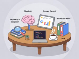 Cartoon illustration of six AI tools around a coffee table: Claude AI as a brain, Google Gemini as a tablet with charts, Perplexity AI as a magnifying glass over papers, DeepSeek as a laptop with code, Microsoft Copilot as office files, and Grok as a coffee cup